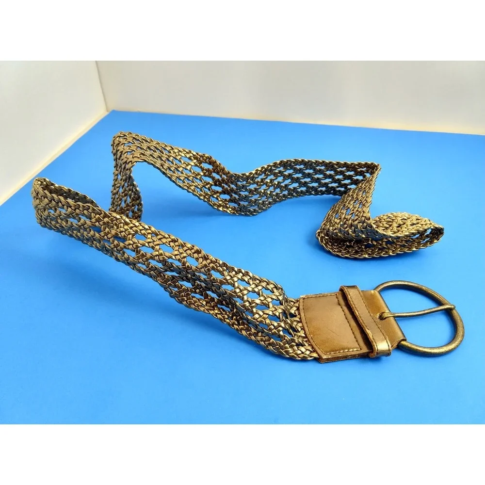 Old Navy Women Gold Tone O-Ring Wave Woven Belt Large